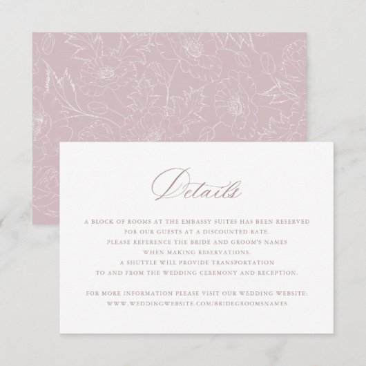 Elegante Mauve Blush Script-Hochzeitdetails einfüg Einladung (Vorne/Hinten)