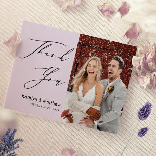 Elegante Mauve Elegante Script Modernes Foto Hochz Dankeskarte
