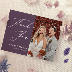Elegante Mauve Elegante Script Modernes Foto Hochz Dankeskarte