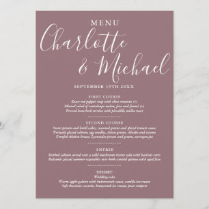 Elegante Mauve-Hochzeitsmenükarte mit Unterschrift Menükarte