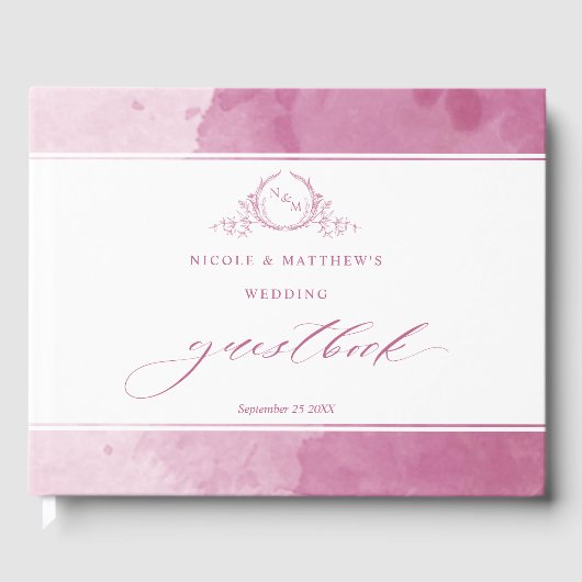 Elegante Mauve Pink-Aquarellfarben-Monogramm-Hochz Gästebuch (Vorderseite)