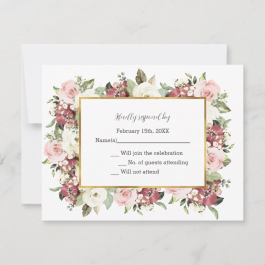 Elegante Mauve Pink Florals Gold Frame Wedding RSV RSVP Karte (Rückseite)