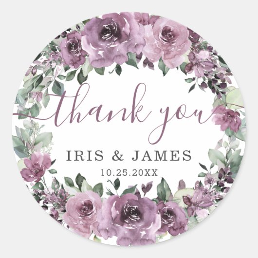 Elegante Mauve Plum Lila Blumenhochzeit Runder Aufkleber (Vorderseite)