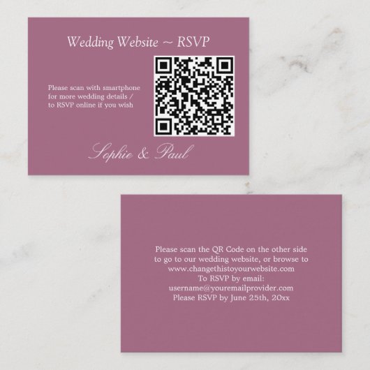 Elegante Mauve QR Code Website RSVP Card Begleitkarte (Vorne/Hinten)