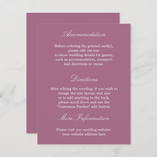 Elegante Mauve Wedding Details Card Begleitkarte (Vorne/Hinten)