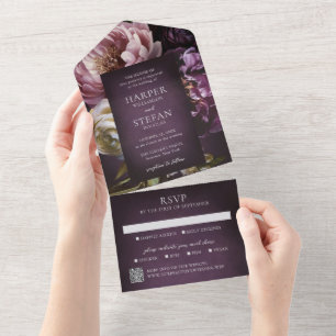 Elegante maximalistische lila Blumen-Hochzeit mit  All In One Einladung