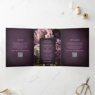 Elegante maximalistische lila Blumen-Hochzeit mit Dreifach Gefaltete Einladung