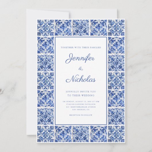 Elegante mediterrane blaue Tiles Wedding Einladung (Vorderseite)
