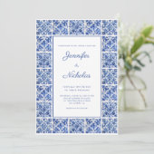 Elegante mediterrane blaue Tiles Wedding Einladung (Stehend Vorderseite)