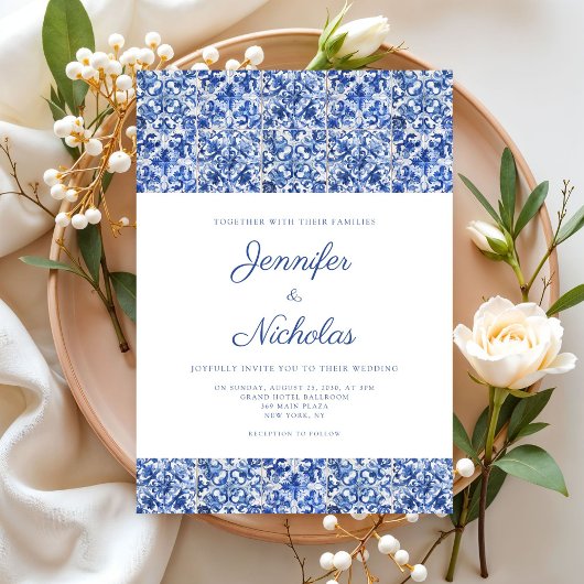 Elegante mediterrane blaue Tiles Wedding Einladung
