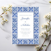 Elegante mediterrane blaue Tiles Wedding Einladung