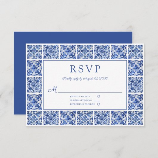 Elegante mediterrane blaue Tiles Wedding RSVP Karte (Vorne/Hinten)