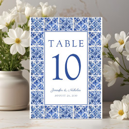 Elegante mediterrane blaue Tiles Wedding Tischnummer