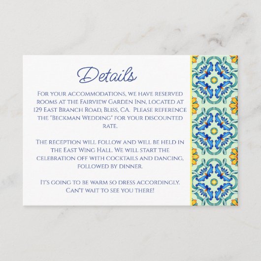 Elegante mediterrane Hochzeit in Blau und Gelb Begleitkarte (Vorderseite)