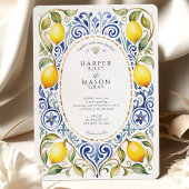 Elegante mediterrane Lemon & Blue Tile Hochzeit Einladung