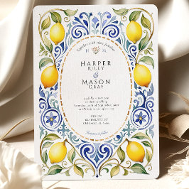 Elegante mediterrane Lemon & Blue Tile Hochzeit Einladung