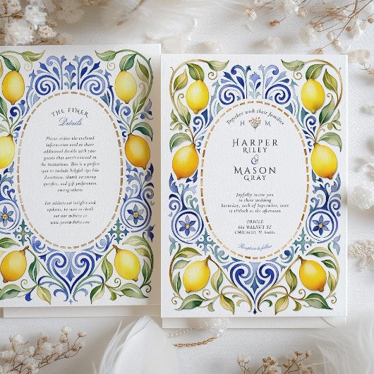 Elegante mediterrane Lemon & Blue Tile Hochzeit Einladung