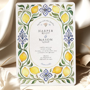 Elegante mediterrane Lemon & Blue Tile Hochzeit Einladung