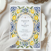 Elegante mediterrane Lemon & Blue Tile Hochzeit Einladung