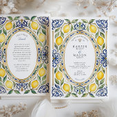 Elegante mediterrane Lemon & Blue Tile Hochzeit Einladung