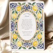 Elegante mediterrane Lemon & Blue Tile Hochzeit Einladung