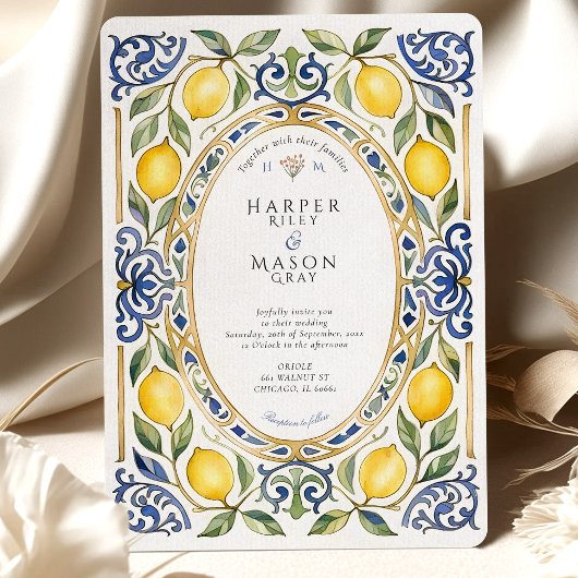 Elegante mediterrane Lemon & Blue Tile Hochzeit Einladung