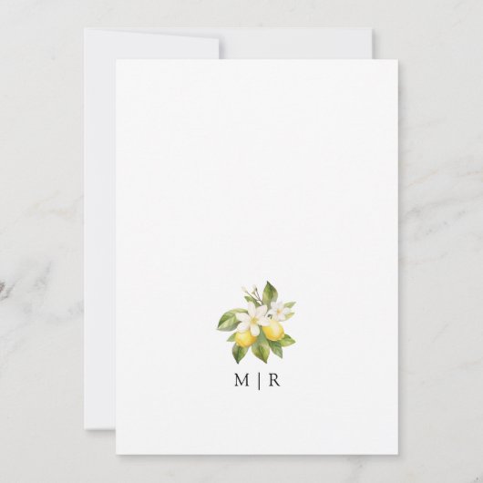 Elegante mediterrane Lemon Wedding rettet das Datu Einladung (Rückseite)