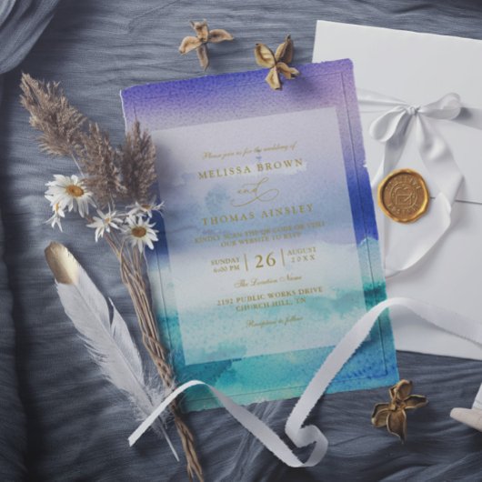 Elegante Meeresblau-Lila-Strand-QR-Code-Hochzeit Einladung
