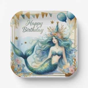 Elegante Meerjungfrau Geburtstag Blau Gold Floral Pappteller