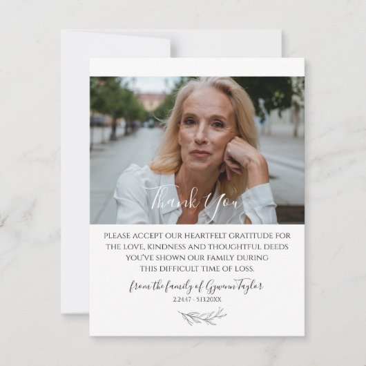 Elegante Memorial | Foto Beileid Danke Karte (Vorderseite)