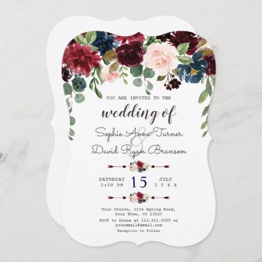 Elegante Merlot Navy Blaufälle Einladung (Vorne/Hinten)