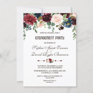 Elegante Merlot Navy Blue Floral Engagement Party Einladung