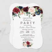 Elegante Merlot Navy Blue Floral Graduation Party Einladung (Vorne/Hinten)