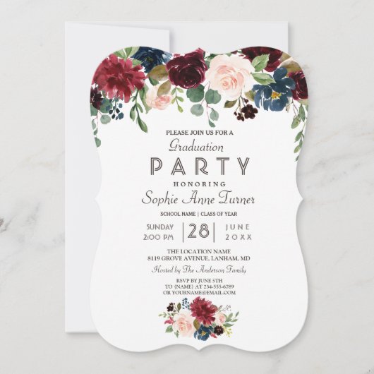 Elegante Merlot Navy Blue Floral Graduation Party Einladung (Vorderseite)