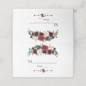 Elegante Merlot Navy Blue Floral Tischnummer Platzkarte (Außenseite Aufgefaltet)