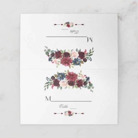 Elegante Merlot Navy Blue Floral Tischnummer Platzkarte (Außenseite Aufgefaltet)