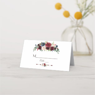 Elegante Merlot Navy Blue Floral Tischnummer Platzkarte