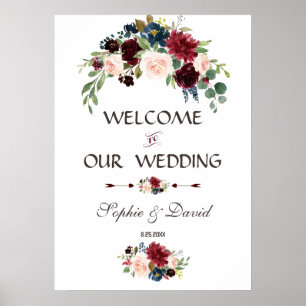 Elegante Merlot Navy Blue Floral Wedding Sign Poster