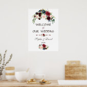 Elegante Merlot Navy Blue Floral Wedding Sign Poster (Küche)