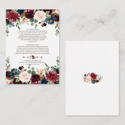 Elegante Merlot Navy Blumenzwiebeldetails Begleitkarte (Vorne/Hinten)