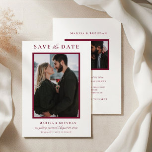 Elegante Merlot-Rote Doppelseitige Foto-Hochzeit Save The Date
