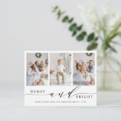 Elegante Merry & Bright 3 Foto Holiday Postcard Postkarte (Stehend Vorderseite)