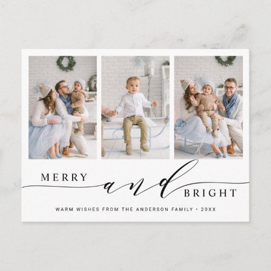 Elegante Merry & Bright 3 Foto Holiday Postcard Postkarte (Vorderseite)
