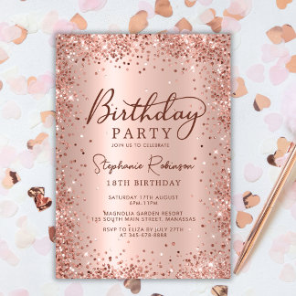 Elegante Metal Rose Gold Glitzer 18. Geburtstag Einladung