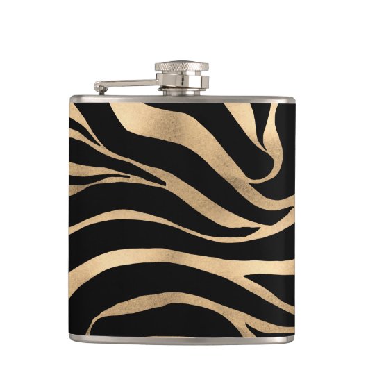 Elegante Metallic Gold Zebra Black Animal Print Flachmann (Vorderseite)