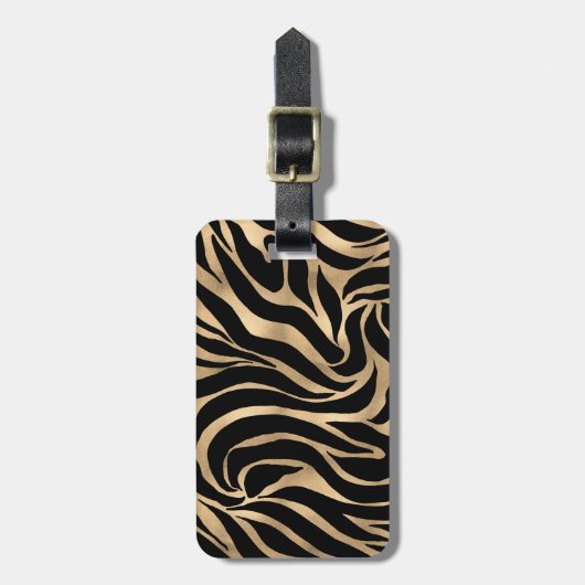 Elegante Metallic Gold Zebra Black Animal Print Gepäckanhänger (Vorderseite vertikal)