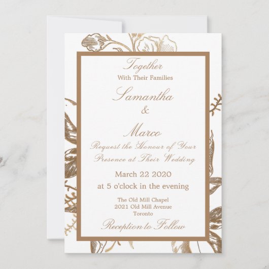 Elegante Metallic Golden Floral White Wedding Einladung (Vorderseite)
