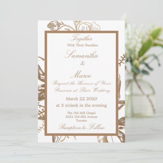 Elegante Metallic Golden Floral White Wedding Einladung (Stehend Vorderseite)