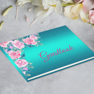 Elegante Metallische Aqua und rosa Rosen Gästebuch