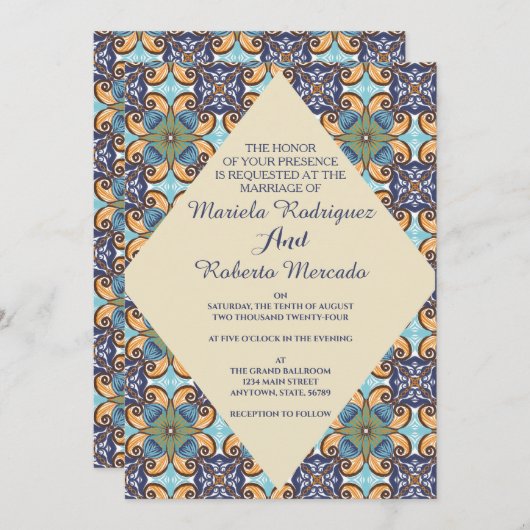 Elegante mexikanische Floral Talavera Diamond Wedd Einladung (Vorne/Hinten)